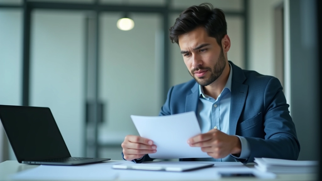 Business professional reviewing cost analysis report and financial statements at modern office desk