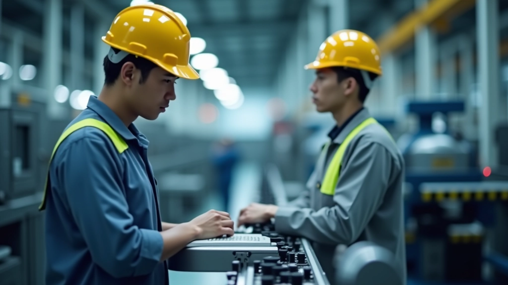 Factory equipment and machinery in production facility with workers monitoring systems and quality control processes