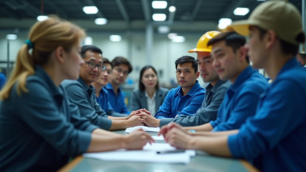 Team training session in manufacturing facility with workers learning new production techniques and quality standards