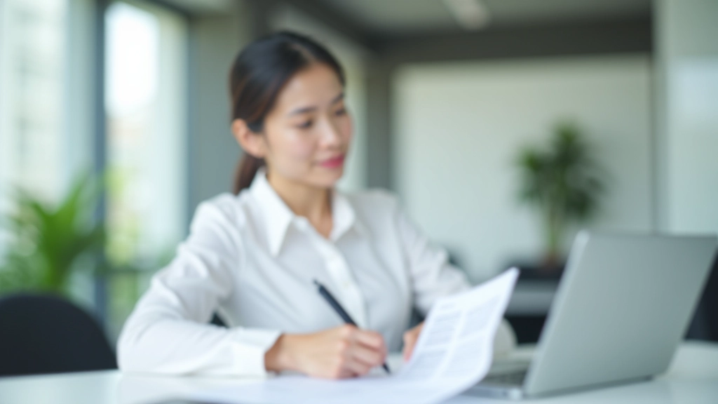Business professional reviewing financial documents and expense reports at modern office desk with laptop and organized files