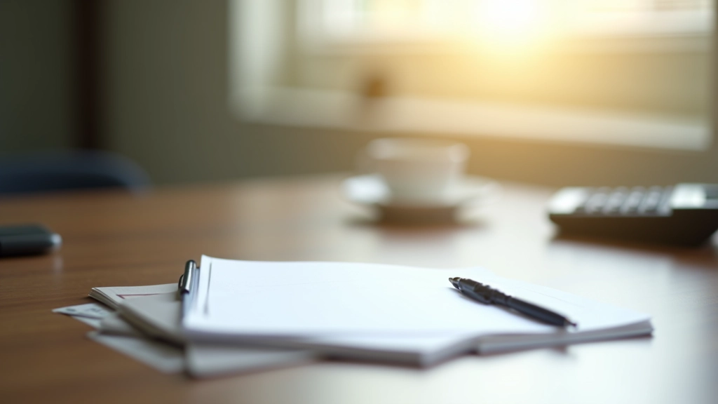 Professional workspace with notebook, calculator, and pen arranged on wooden desk with soft natural lighting